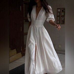 Commense White Maxi Dress with Buttons and Deep V